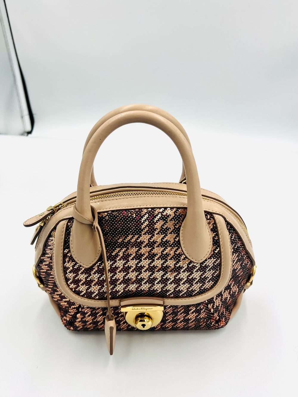 Salvatore Ferragamo Sequin Houndstooth Fiamma Satchel/Crossbody Bag - Picture 2 of 13